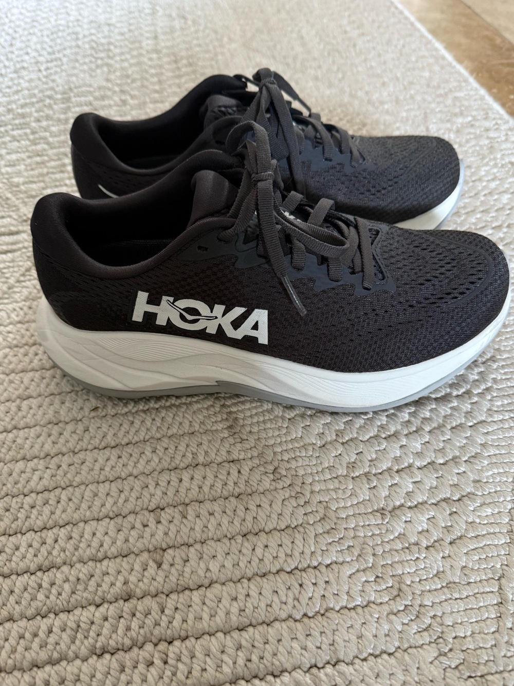 HOKA women’s  Black and White Running Shoes size 6.5 wide hokas